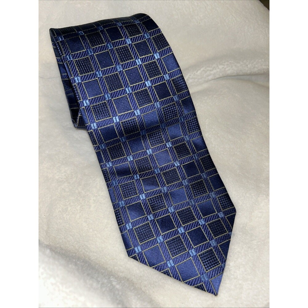 HENRY JACOBSON BLUE Square PATTERN SILK NECKTIE TIE 54”